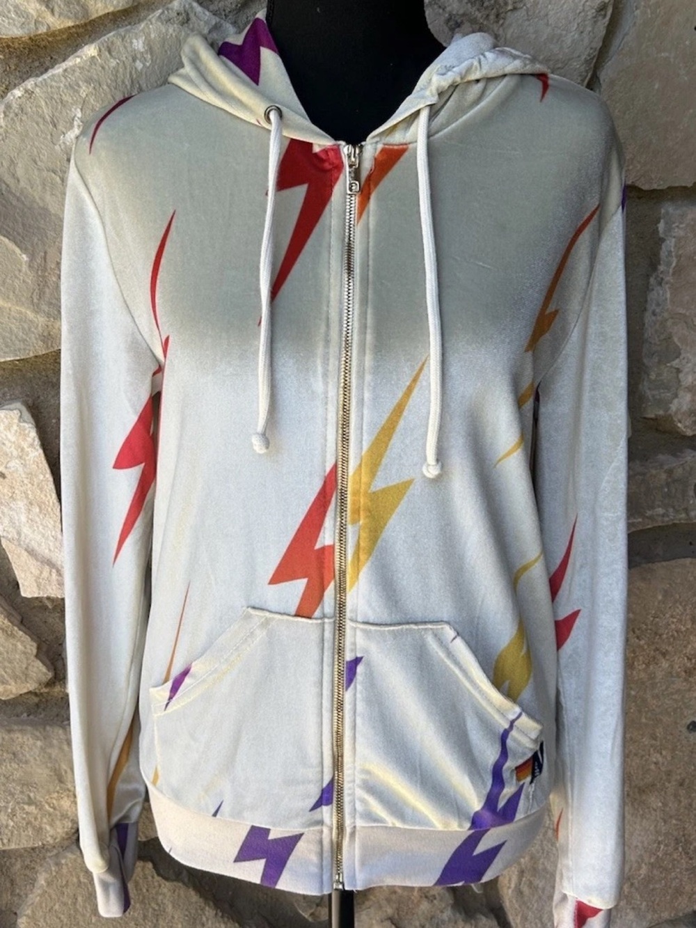 AVIATOR‎ NATION Velvet Bolt Repeat Full Zip Hoodie Medium Womens Beige Excellent